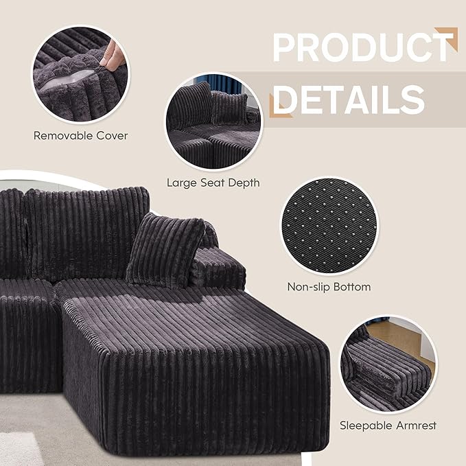 Modular Sectional Sofa Couches L-Shape Couch 3 Seat Modular Sofa Memory Foam Sectional Couches for Living Room, Cloud Couch with Oversized Chaise (Grey Stripe, 108" Right Facing Chaise)