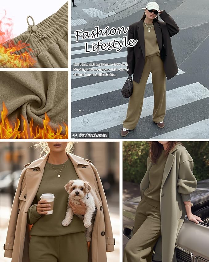Sweetyweee Women's 2 Piece Outfits Set Fleece Lined Lounge Sweatsuit Crewneck Pullover Top Wide Leg Pants Casual Tracksuit