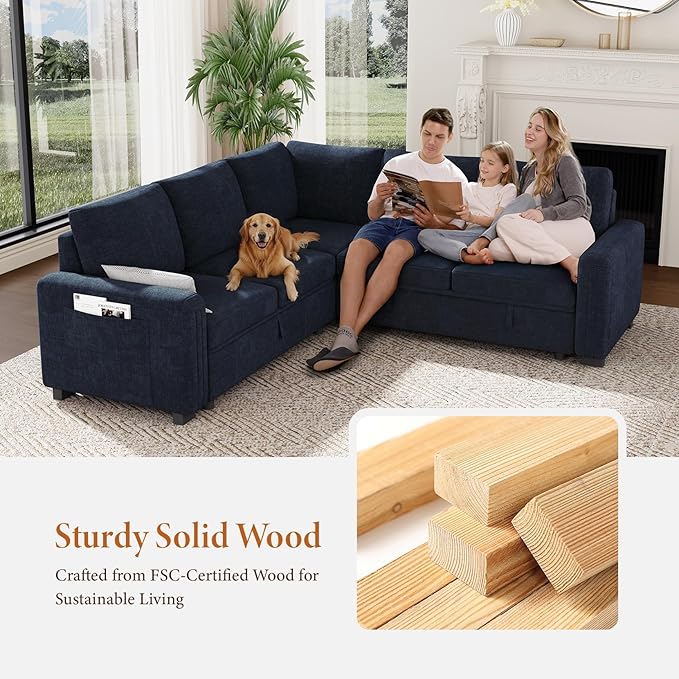 Vesgantti 88.4" Sleeper Sectional Couch with Pull Out Bed, 5 Seater L Shaped Modular Sectional Sofa with Storage, Comfy Chenille Modular Sofa for Living Room, Bedroom, Apartment, Blue