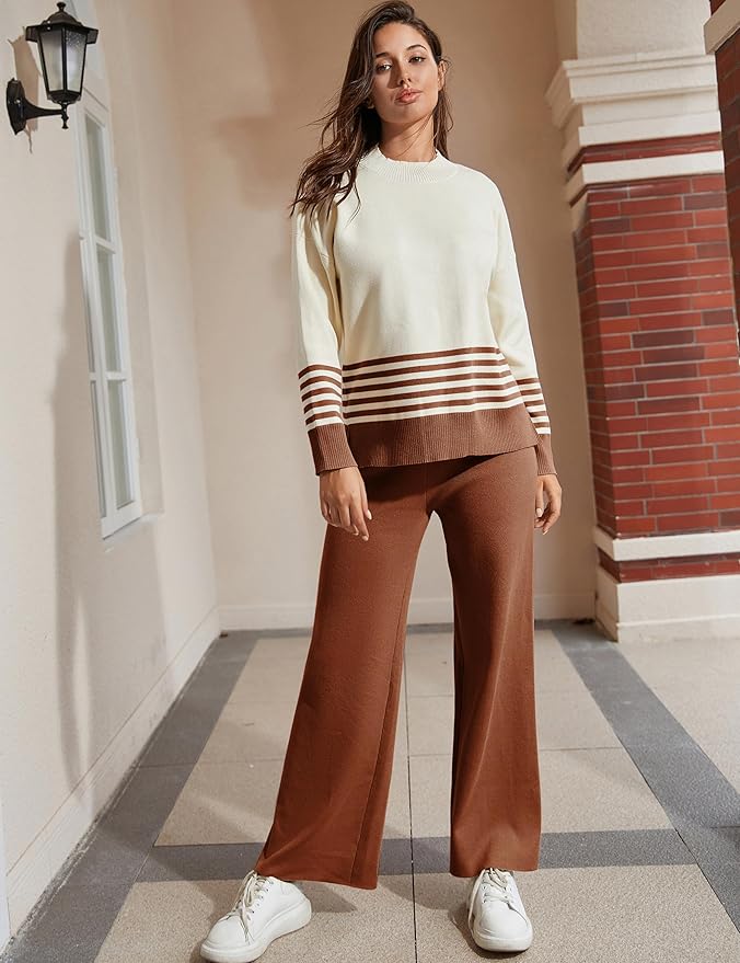 Tanming Women's Lounge Sets 2 Piece Outfits Knitted Pullover Sweater Tops Wide Leg Pants Tracksuit
