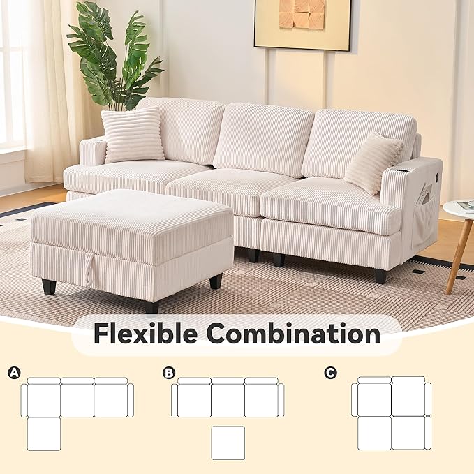 31" Convertible Modular Sleeper Sofa in Soft Corduroy with Attachable Storage Ottoman, 21" Deep Seat Cloud Couch Easy Assembly for Small Spaces Living Room Bedroom Office (White, 1 Seat + 1 Ottoman)