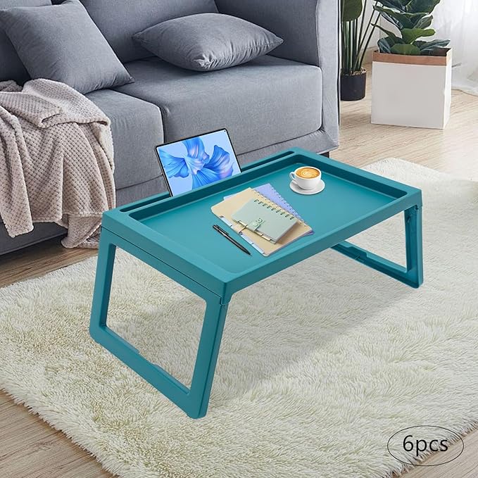 6PC Bed Tray Table with Folding Legs, Plastic Small Breakfast in Bed Tray Laptop Table Foldable Lap Desks for Eating on Sofa Laptops Sleepover Slumber Party Kids Adult (Blue)