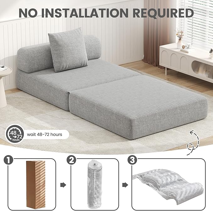 DURASPACE Folding Sleeper Sofa Bed Convertible Foam Floor Mattress Couch, Single Boneless Fold Out Lounger Chair Bed for Living Room Bedroom (Chenille Gray)