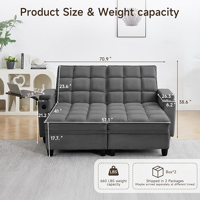 70.9" Chaise Lounge Chair Indoor, Oversized Boucle Upholstered Sofa Bed, Adjustable Backrest Deep Seat Reading Chair, Sofas Couches for Living Room with Storage, Cup Holders and 360° Swivel Side Table