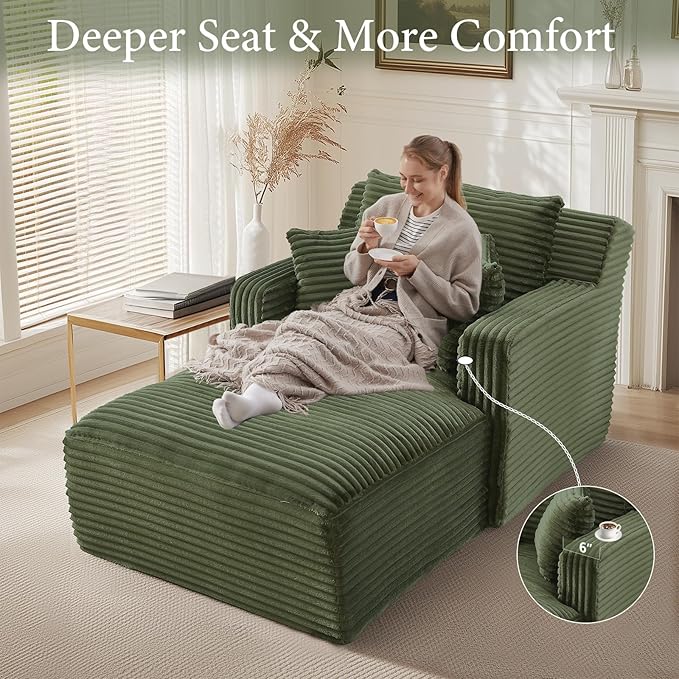 VEPXXP 65.4" Chaise Lounge Chair Indoor, Oversized Boneless Couch Comfy Upholstered Sleeper Sofa Bed with 3 Pillows, Corduroy Cloud Reading Chair for Living Room No Assembly Required, Green