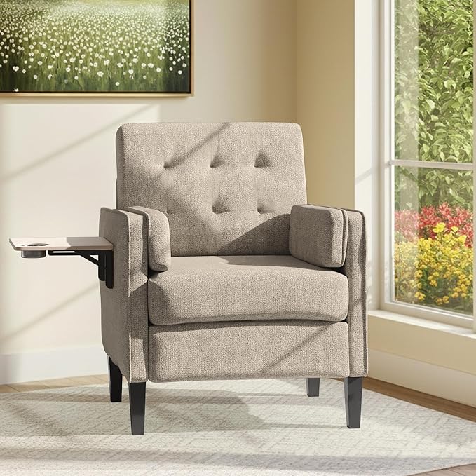 Chenille Accent Chair, Mid Century Modern Arm Chair with Foldable Wooden Side Table & Cup Holder - Comfy Reading Chair for Bedroom,Living Room Chairs,Sofa Chair Set of 2,Beige