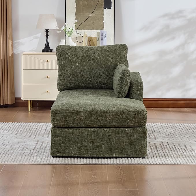 KEIKI 60" Chaise Lounge Chair Indoor, Modern Deep Seat Sofa Bed, Corduroy Couch with Cushions, Single Sleeper Chair for Living Room, Bedroom, Apartments, Green (Right Side)