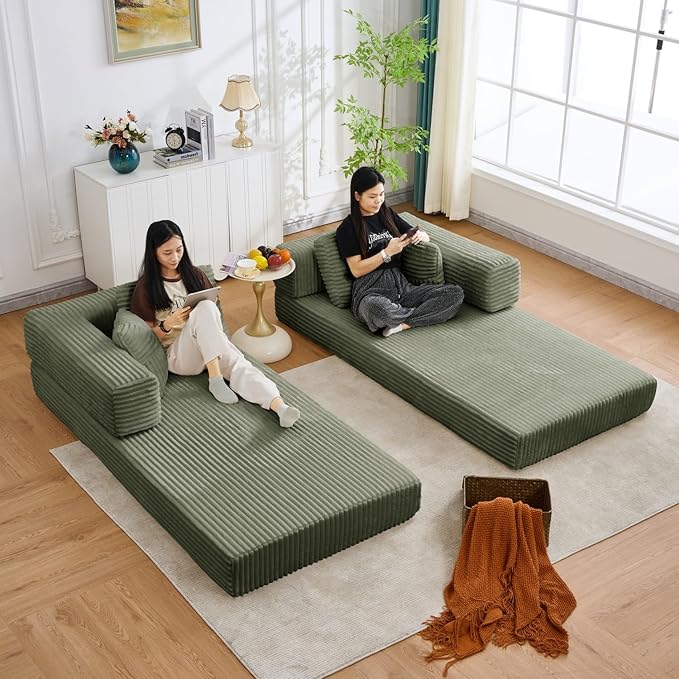 Folding Sofa Bed, Corduroy Loveseat Sleeper with Fixed-Shape Frame, No Assembly Needed Futon Couch, Convertible Floor Sofa Lounge Couch for Living Room, Bedroom, Lounge Studio, Green