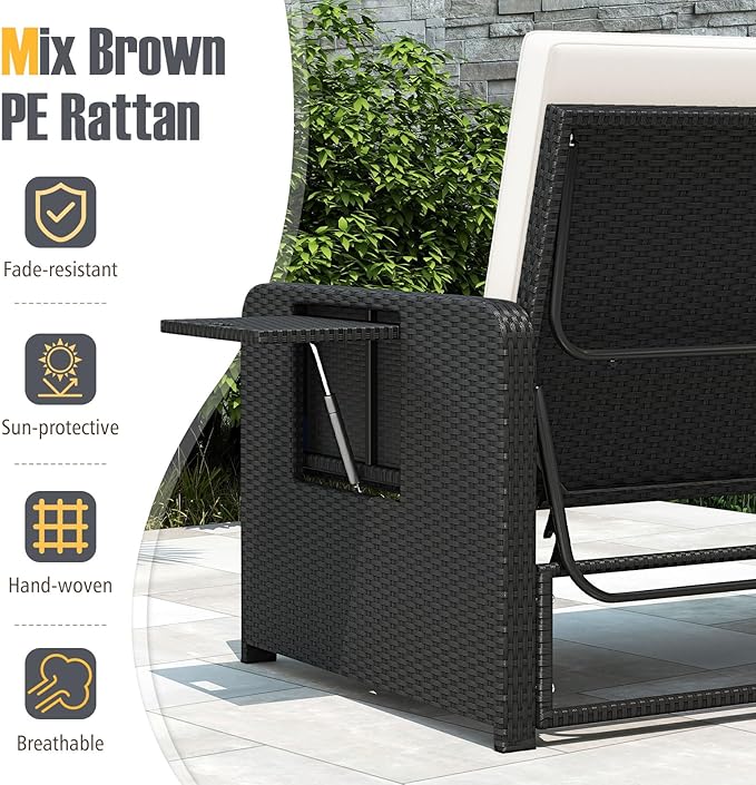 RELAX4LIFE Wicker Patio Outdoor Daybed - Rattan Day Bed Lounger w/Loveseat & Storage Ottoman, Sunbed Sofa Set w/Cushions, 4-Level Adjustable Backrest & 2 Retractable Trays, Patio Daybed (White-Black)