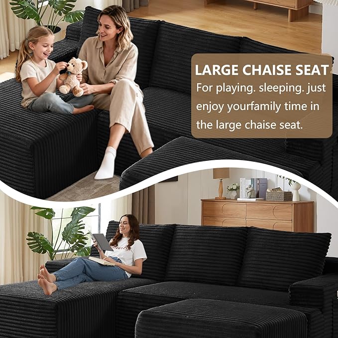 96" U-Shape Cloud Couch, Modern Modular Sectional L-Shape Sofa with Ottoman, Corduroy Upholstered Couches Deep Seat Sleeper Chaise Longue for Living Room, No Assembly Required(Black, Left Facing)