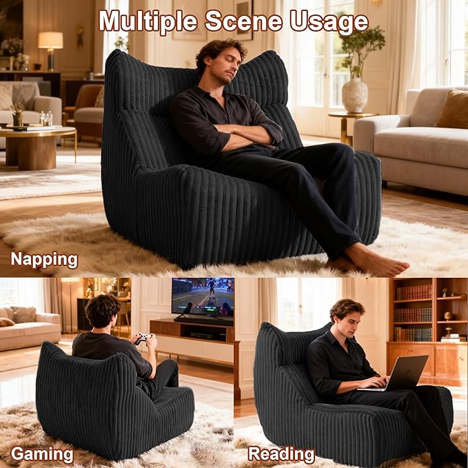 Bean Bag Chairs, Giant Bean Bag Chair for Adults, Memory Foam Lounge Chair, Comfy Lazy Floor Chair, Bean Bag Sofa for Living Room, Bedroom and Office, Single Bean Bag (Black)