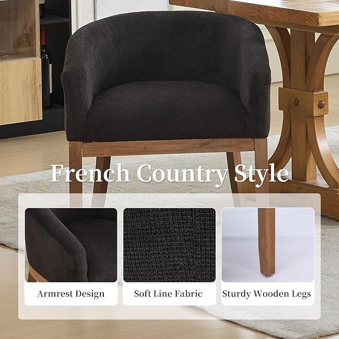 Shenyon Mid Century Modern Dining Chairs Set of 4, Upholstered Linen Fabric Dining Room Chairs with Arms and Solid Wood Legs, Comfy Barrel Accent Chairs for Dining Room, Living Room, or Cafe,Black