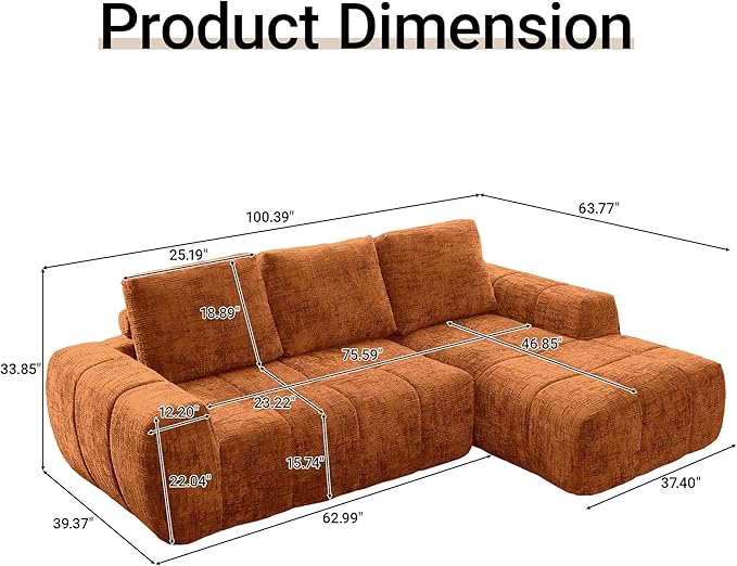 KEIKI Sectional Chenille Floor Sofa, Convertible L-Shaped Boneless Cloud Sleeper Couch with Chaise Lounge, Space Saving Modular Futon Couches Bed for Living Room Bedroom, No Assembly Required, Orange