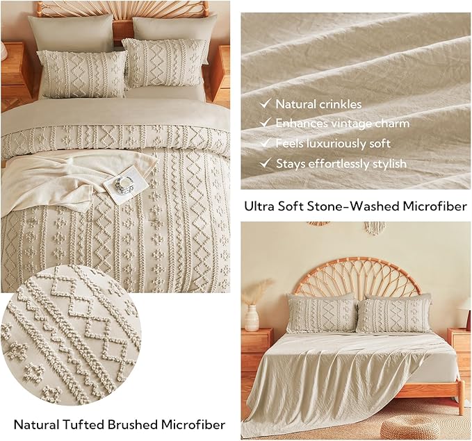 MR&HM Tufted Boho Comforter Set Full Size, Linen Farmhouse Bedding Set, Bed in a Bag Set 7 Pieces with 1 Comforter, 2 Pillow Shams, 2 Pillowcases, 1 Flat Sheet, 1 Fitted Sheet for All Seasons