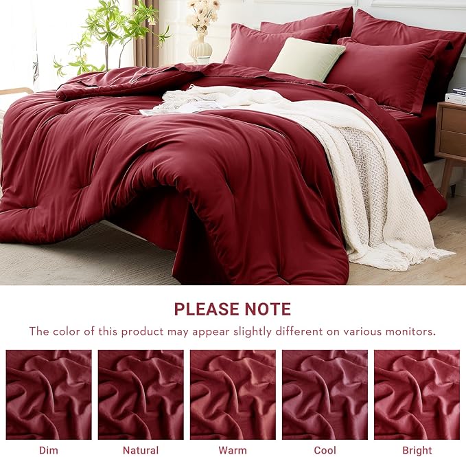 MUXHOMO 7 Pieces Queen Comforter Set, Soft Bed in a Bag Queen Size, All Season Bedding Set with Comforter, Flat Sheet, Fitted Sheet, Pillowcases & Shams, Burgundy Red
