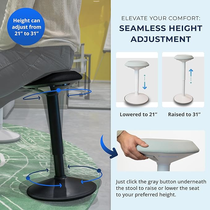 Standing Desk Stool Chair, Height Adjustable Stool 21-31 inch for Office and Classroom, Swivel Stool, Anti-Slip Bottom Ergonomic Wobble Stool with Rocking Motion, White