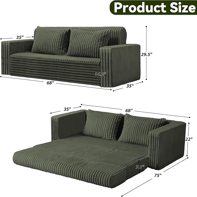 HABUTWAY Folding Sofa Bed, 2 in 1 Convertible Sleeper Chair with 2 Pillows, Portable Fold Out Chair Bed with Armrest, Comfy Floor Couch, Lazy Sofa for Living Room Bedroom Dorm Home Office, Green