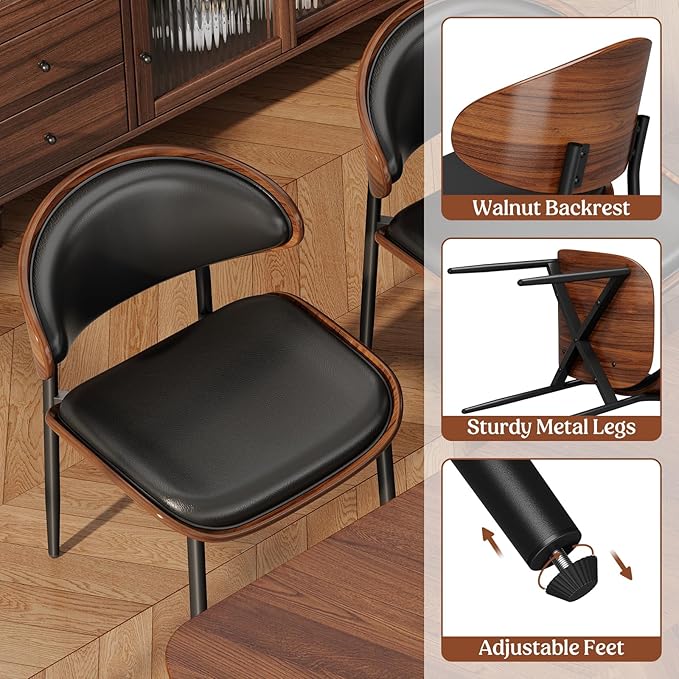 Dining Chairs Set of 8, Mid-Century Modern Upholstered PU Leather Chairs with Walnut Bentwood Back and Metal Legs Adjustable Feet for Kitchen Dining Room, Black PU