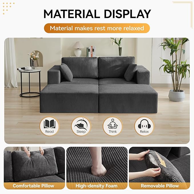 83'' Boneless Loveseat Sofa, Comfy Deep Seat Cloud Couch with 2 Moveable Ottoman, No Assembly Corduroy Love Seat for Living Room, Grey