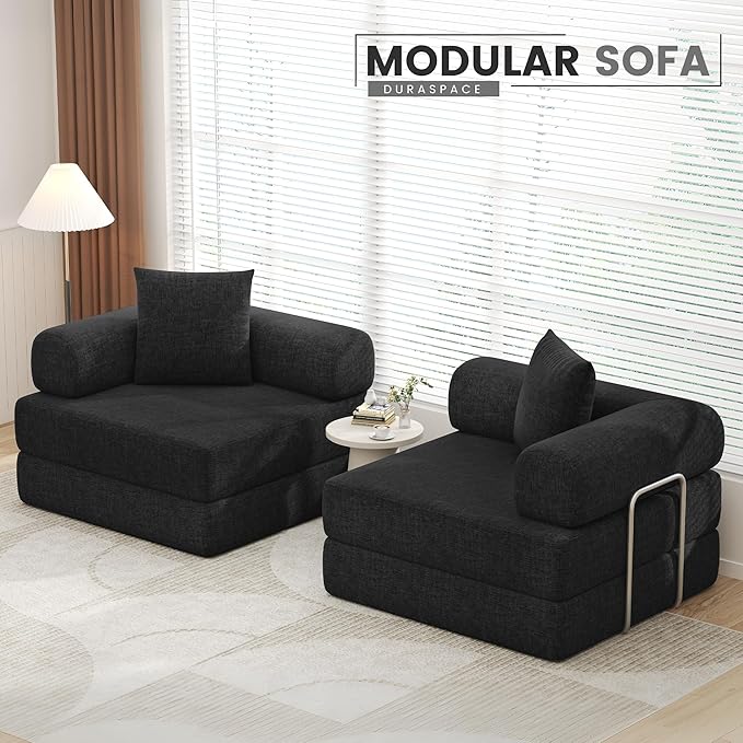 DURASPACE 78'' Folding Convertible Sofa Bed Boneless Foam Sectional Couches with Fixed-Shape Frame, Modular Floor Sleeper Sofa for Living Room (Chenille Black)