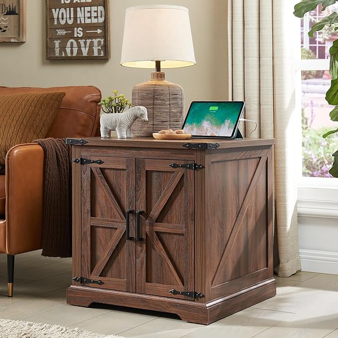 Barnyatoh Farmhouse End Table with Charging Station,Large Side Table with Barn Door, Rustic Wood Square Nightstand Bedside Table with Adjustable Storage Shelf for Living Room, Bedroom,Walnut 2-Pack
