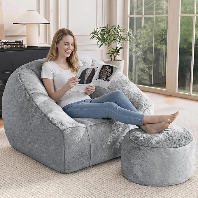 Bean Bag Chairs with Ottoman for Adults, Comfy Beanbag Chair with High-Resilience Foam, Oversized Bean Bag Sofa with Soft Faux Fur Fabric, Bean Bag Chair for Living Room,Bedroom,Light Grey