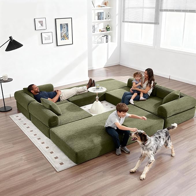 L Shape Convertible Sofa Bed with Cylindrical Pillow and Storage Pocket, Convertible Sofa Couch Bed with Support Frame for Living Room Bedroom Children Room-Oliver Green