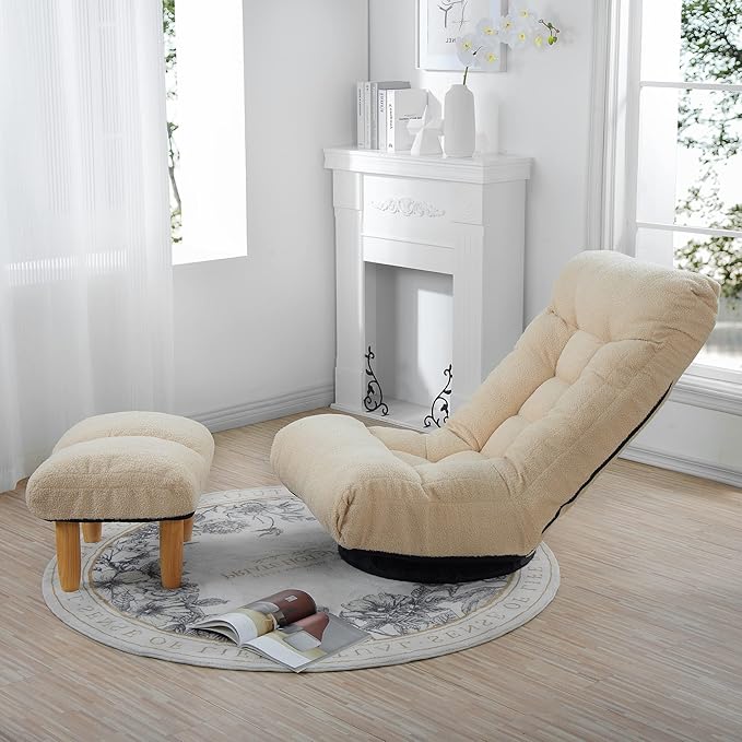 360° Swivel Floor Chair Single Lazy Sofa Leisure Balcony Reclining Japanese Tatami Adjustable Recliner with Ottoman for Living Room, Bedroom, Indoor Use (Footstool, Beige)