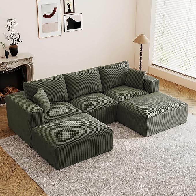 110" Modular Sectional Sofa, Cloud Couch U Shaped Memory Foam Boneless Couch with Ottoman, 3 Seater Cozy Upholstered Corduroy Floor Couch, No Assembly Required Living Room Furniture Home Decor, Green