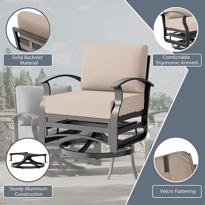 RTDTD Aluminum Outdoor Patio Furniture Set,7 Seats Patio Conversation Sets with Rectangular Coffee Table,Metal Patio Sectional Furniture Set with 2 Swivel Rocking Chairs,Sand