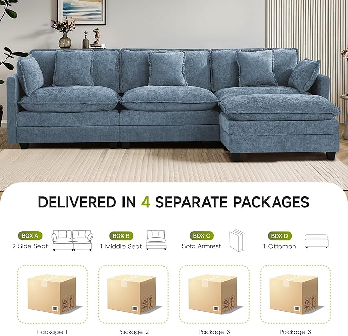 UMBFUN 3-Seater Cloud Couch with Ottoman, Oversized Comfy Modular Sectional L Shaped Sofa with Deep Seats, Chenille Couch for Living Room, Blue