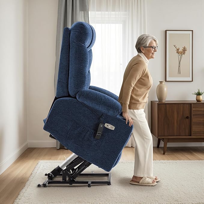 MCombo Power Lift Recliner Chair with Extended Footrest for Elderly People, Fabric 7283 (Navy Blue, Large)