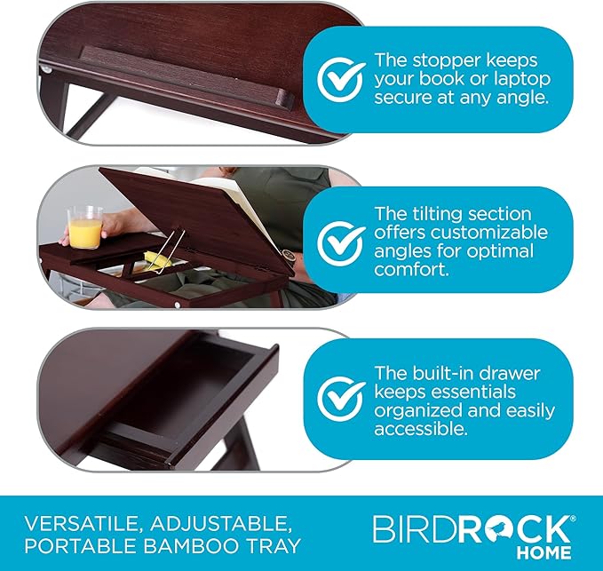 BIRDROCK HOME Bamboo Laptop Bed Tray with Adjustable Tilt Surface | Foldable Legs & Pullout Storage Drawer | Wooden Lap Desk for Work, Reading, or Eating | Fits Laptops Up to 15" | Walnut Finish