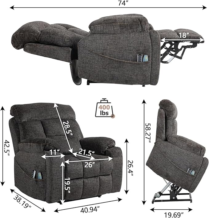 Lay Flat Power Lift Recliner Chair, | 400lbs | 25.5in Extra Wide | 4-Motor | Heat, Massage, Hidden Cup Holder, Sleeping | Big Man, Elderly (Charcoal Grey)