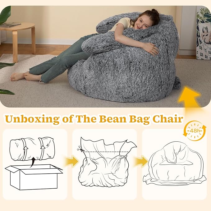 Bean Bag Chair for Adults Kids Giant Fluffy Plush Bean Bag Sofa with Filler Faux Fur Rabbit Shaped Beanbag Chairs Comfy Accent Floor Couch for Gaming, Reading in Bedroom, Living Room, Dorm