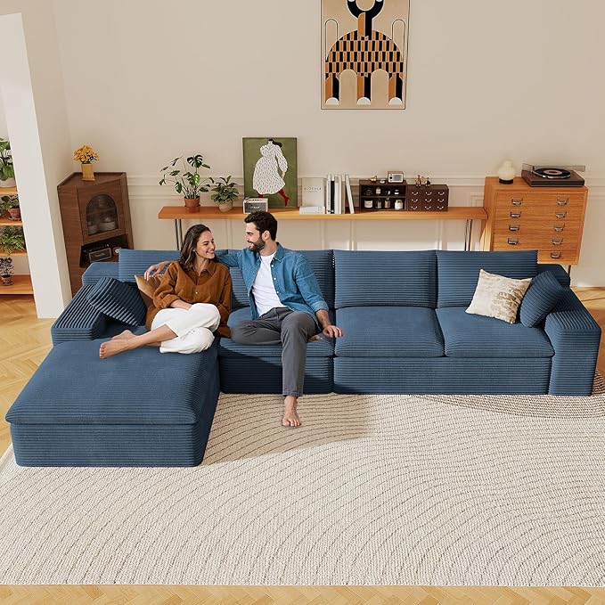 136" Cloud Sectional Couch with L-Shape Chaise, Modern Corduroy Viral Boneless Sofa for Living Room,Memory Foam Couches in a Box with Deep Seat,No Assembly Required (Blue,Left-Facing Chaise)