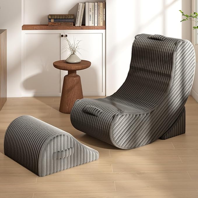 Gaint Bean Bag Chairs for Adults, Beanbag Lounge Filled with Memory Foam, Adjustable Angle, Corduroy Fabric, with Detachable Footrest for Bedroom, Living Room and Nursery(Grey)