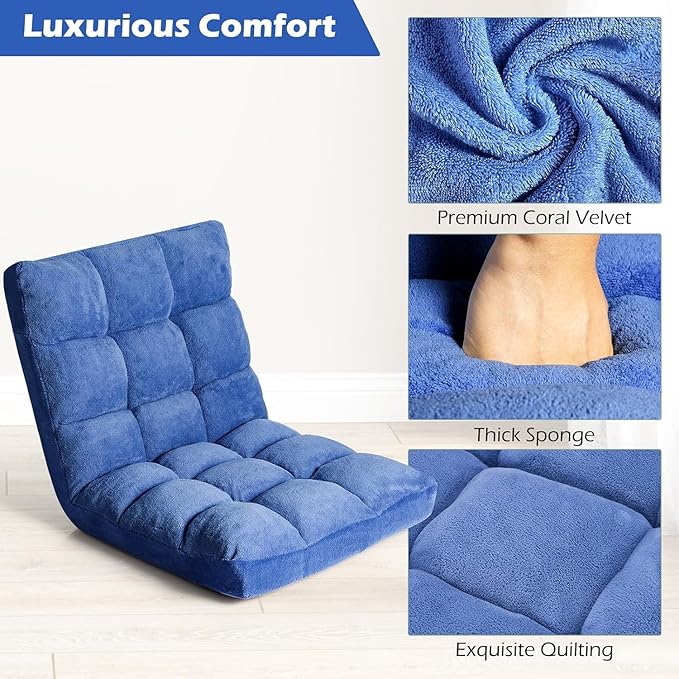 KOMFOTT 14-Position Adjustable Floor Chair with Back Support - Folding Padded Gaming Sofa Chair for Reading, Meditation, Living Room Lazy Lounge, Video Gaming - Blue