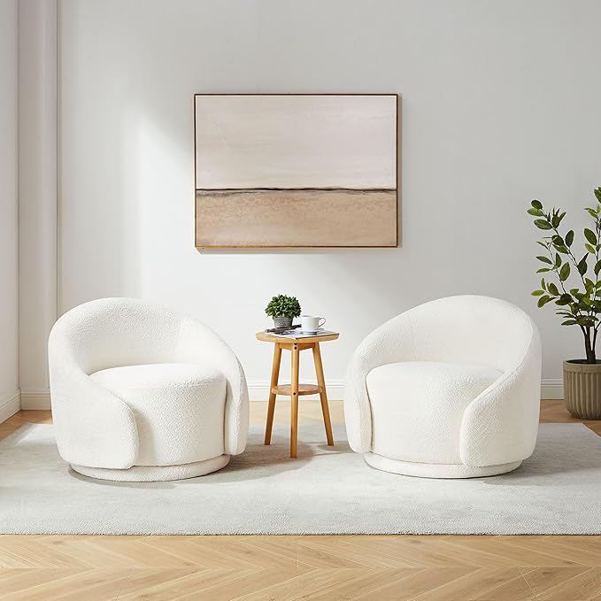 VANOMi Swivel Accent Chairs, Sherpa Round Swivel Barrel Chair with Armrest, Comfy Chair for Bedroom, Corner, Living Room, Apartment, White
