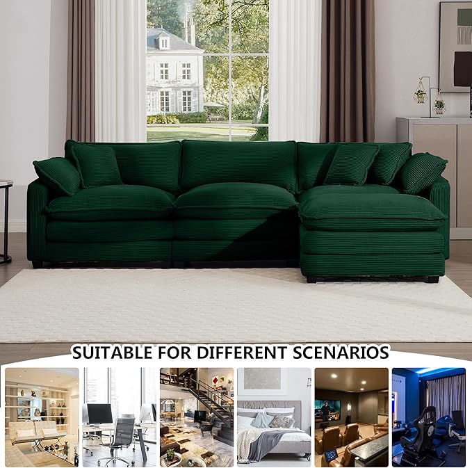 Aoowow Corduroy 3 Seater Cloud Couch with Ottoman,Modern Cloud Couches for Living Room,Modular Sectional Cloud Sofas with Deep Seat,Oversized Tufted L-Shaped Sofa Set. (Green, 3 Seater + 1 Ottoman)