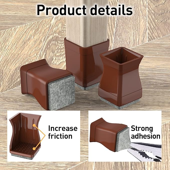 CHWM Square Chair Leg Protectors for Hardwood Floors, 16 Pcs Silicone Felt Furniture Leg Cover,3/4" -7/8", Brown.