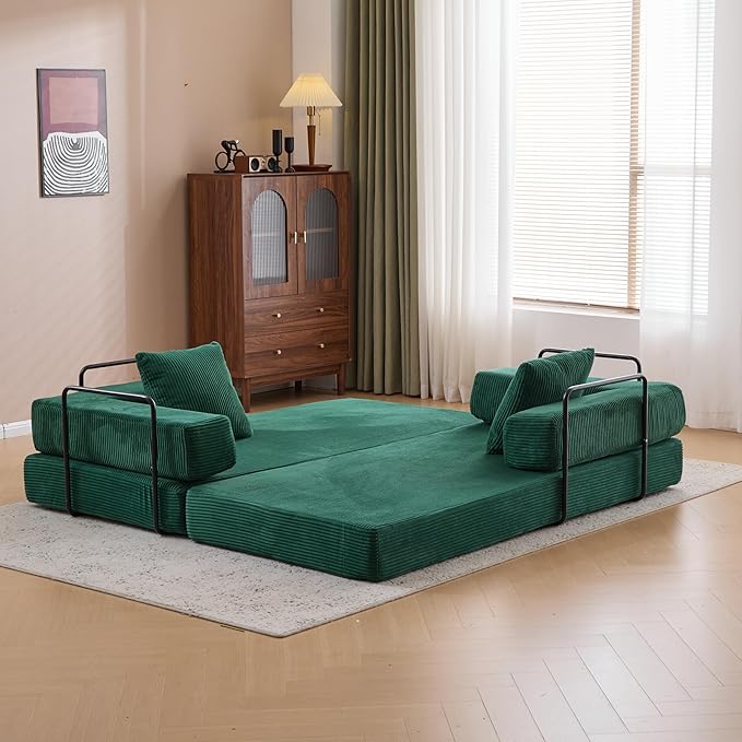 Floor Couch with Pillow Back Support and Armrest, Convertible Sofa Bed for Living Room or Bedroom, Corduroy Fabric Comfort Sleeper