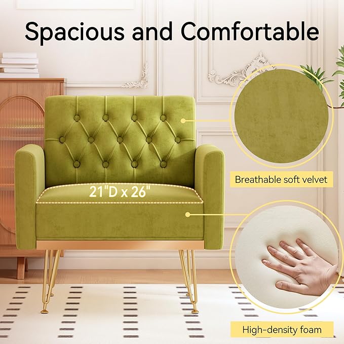 Accent Chair for Living Room, Comfy Oversized Velvet Upholstered Arm Chairs, Mid Century Modern Reading Single Sofa Side Chair with Tufted Back and Gold Legs for Bedroom (2, Olive Green)