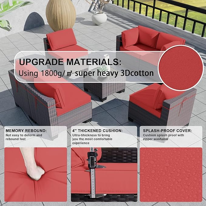 Kullavik 7 Pieces Outdoor Patio Furniture Set,Wicker Outdoor Sectional Sofa,All-Weather Patio Conversation Sets with Washable Thick Cushions & Coffee Table for Garden,Backyard,Balcony,Porch,Red