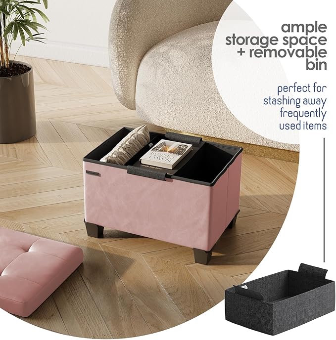 Storage Ottoman Cube with Small Bin, 16-in Square Ottoman with Storage for Living Room and Bedroom, Small Ottomans Foot Rest, Faux Leather Foot Stools Ottomans Max 330lbs, Pink
