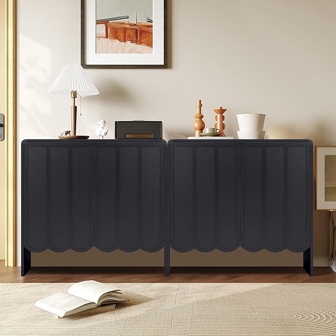 ORRD Sideboard Buffet Cabinet Set of 2, Accent Storage Cabinet with 2 Doors, Farmhouse Wood Cabinet with Adjustable Shelves and Wave Panel for Living Room, Dining Room, Entry - Black