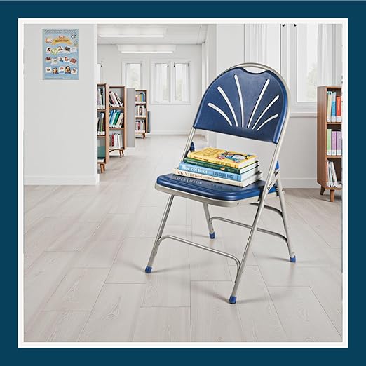 OEF Furnishings OEF1100 Series Premium Heavy-Duty Plastic Folding Chairs, Commercial Fanback Event Chairs with Triple Brace and 500 lb Capacity (4-Pack, Blue Plastic with Gray Frame)