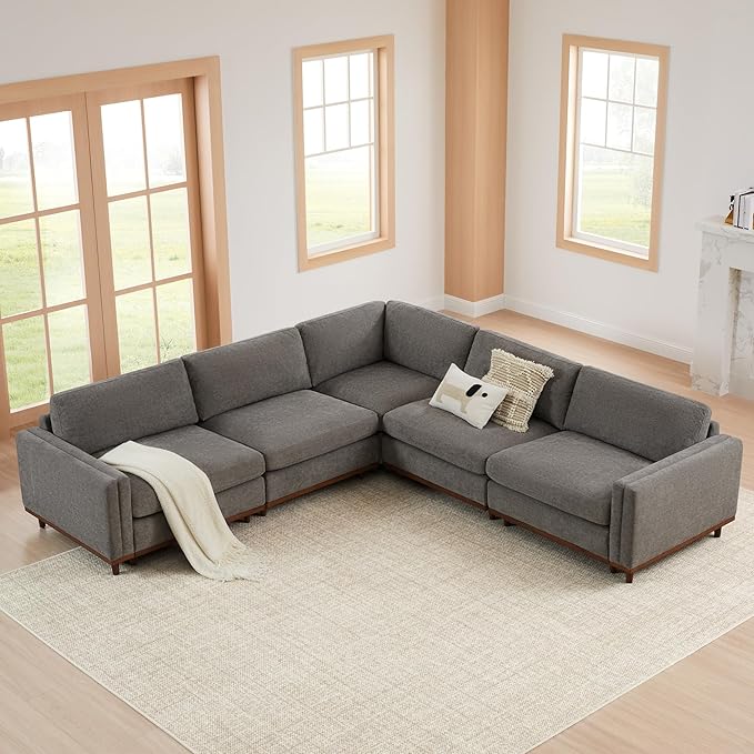 CHITA Super Large Luxury V Shape Corner Sectional Modular Sofa Set, Down Filled Modern Sofa, Deep Seat Cloud Couch, 114 inch Width, 5 Seat Couch with Chaise, Solid Wood Leg, Grey