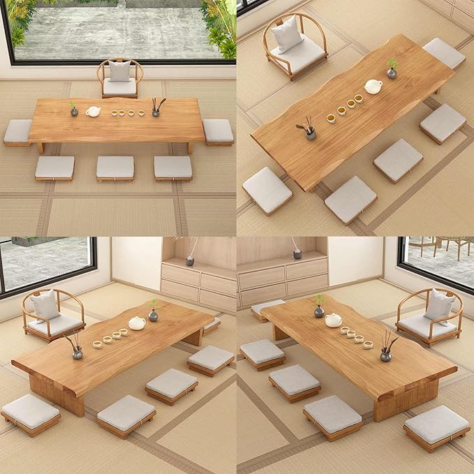 Solid Wood Japanese Tea Table, Simple and Modern Low Design, Tatami Tea Style, Zen-Inspired Kotatsu, Bay Window Seating, Floor Style (Natural Wood, 180 * 60 * 35cm)