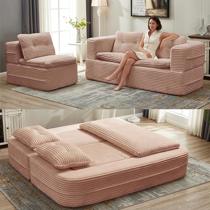 80" Foldable Floor Couch, 3-Seat Convertible Sleeper Sofa with Chaise Lounge, Blanket and 3 Soft Pillows, Corduroy Fabric, for Living Room, Bedroom, Apartment, No Assembly Required, Pink